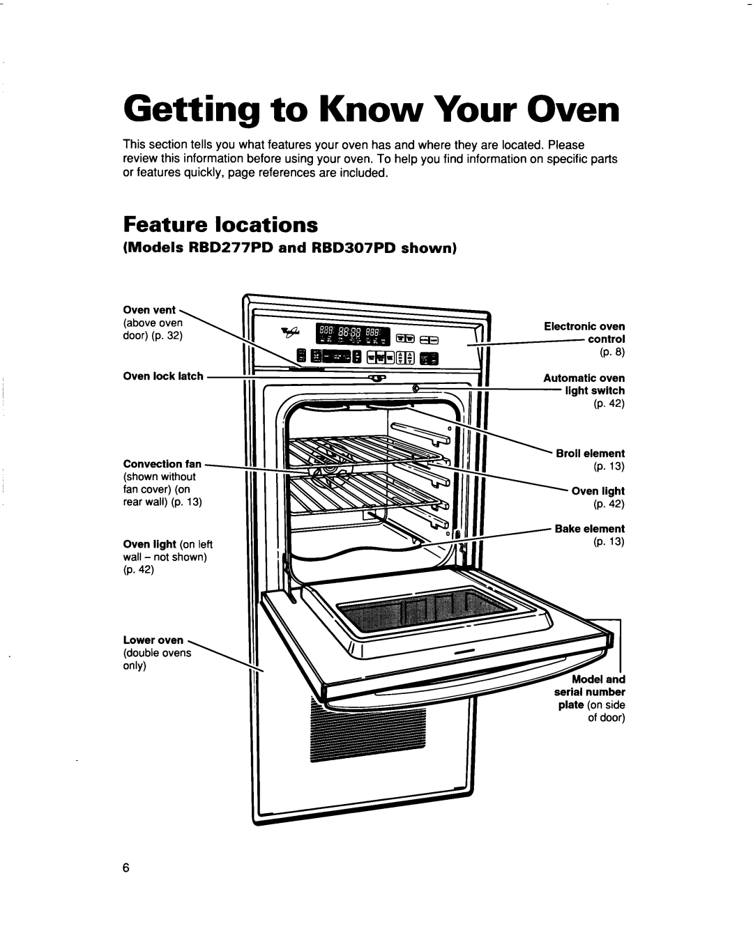 Whirlpool RBS307PD, RBS277PD Getting to Know Your Oven, Feature locations, Models RBD277PD and RBD307PD shown, Ill1 