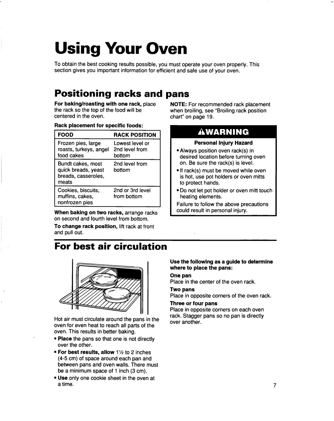 Whirlpool RBD277PD, RBS307PD, RBS277PD, RBD307PD Using Your Oven, Positioning racks and pans, For best air circulation, Food 