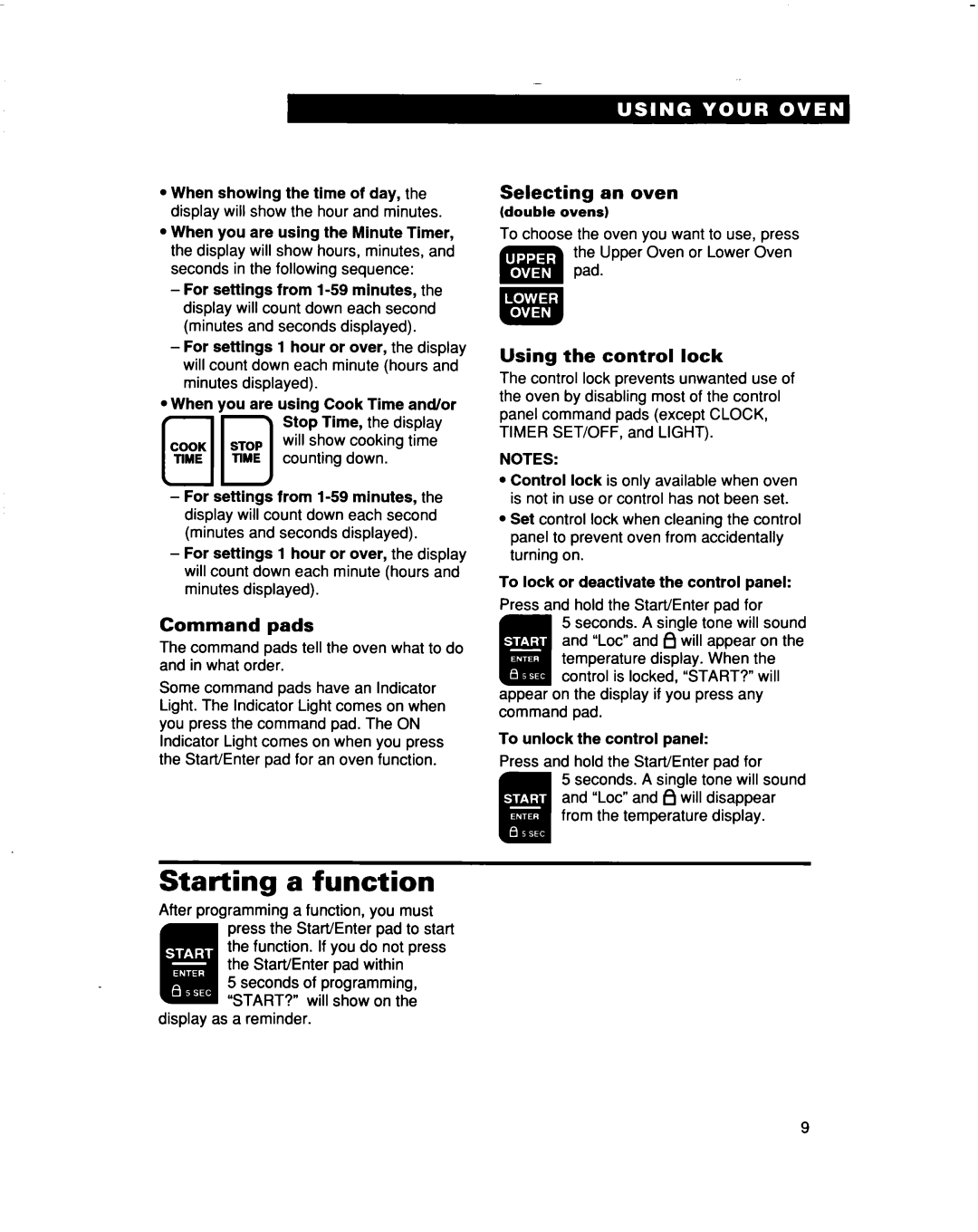 Whirlpool RBS277PD, RBS307PD, RBD307PD Starting a function, Command pads, Selecting an oven, Using the control lock, Cid 