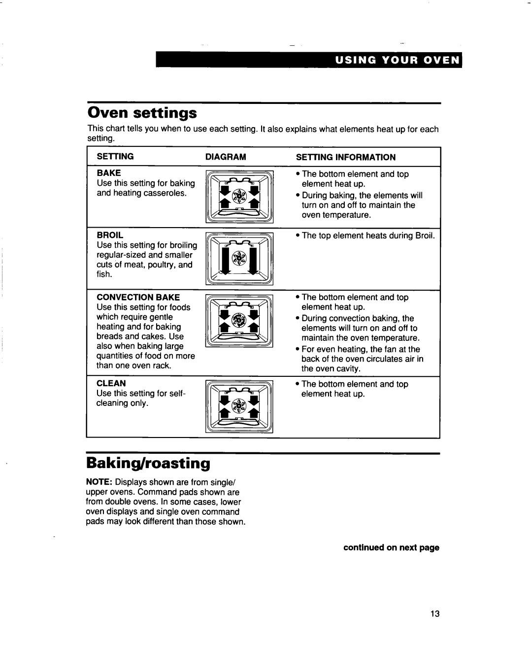 Whirlpool RBS277PD Oven settings, Baking/roasting, SElTINGDIAGRAM BAKE, Broil, Convection Bake, Clean, SElTlNG INFORMATION 