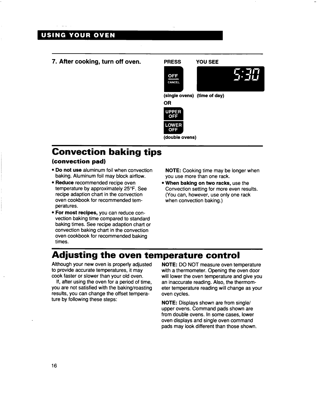 Whirlpool RBS307PD, RBS277PD Convection baking tips, Adjusting the oven temperature control, After cooking, turn off oven 