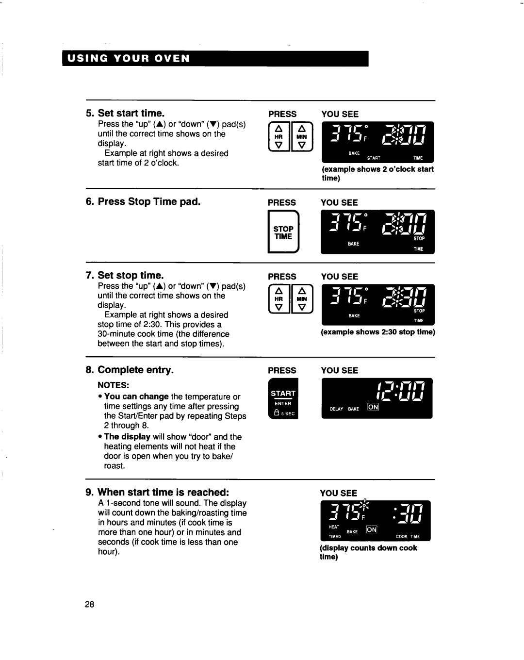 Whirlpool RBS307PD warranty Set start time, Press Stop Time pad 7.Set stop time, Complete entry, When start time is reached 