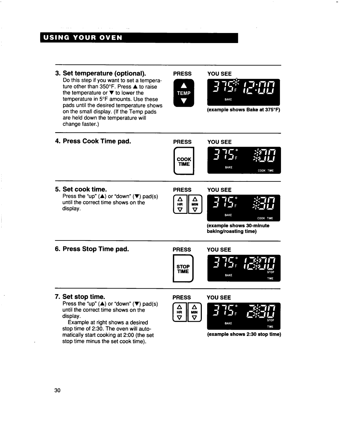 Whirlpool RBD307PD Press Cook Time pad, Set cook time, Press Stop Time pad, Set stop time, Set temperature optional 