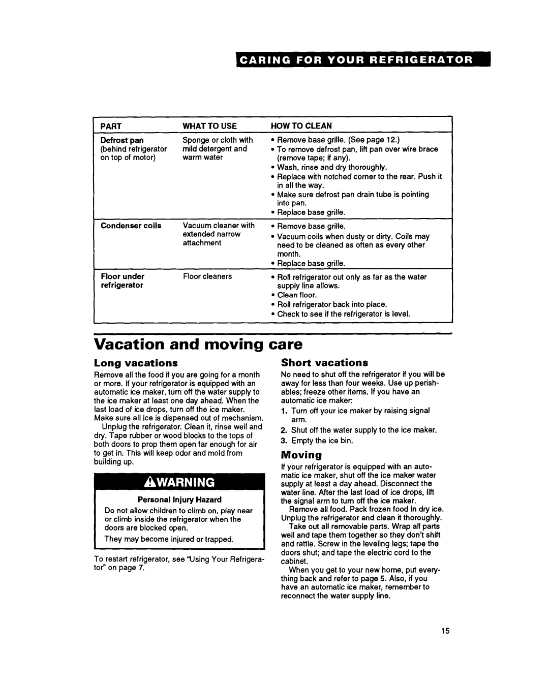 Whirlpool RBZICK important safety instructions Vacation and moving care, Long vacations, Short vacations, Moving, Part What 