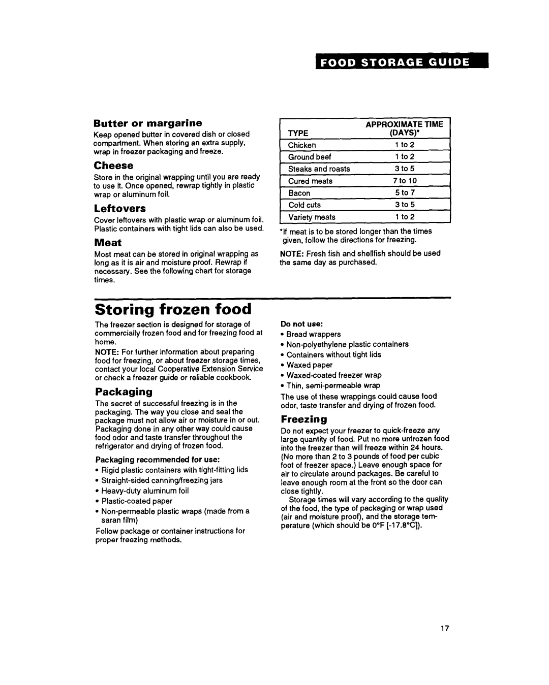 Whirlpool RBZICK important safety instructions Storing frozen food 