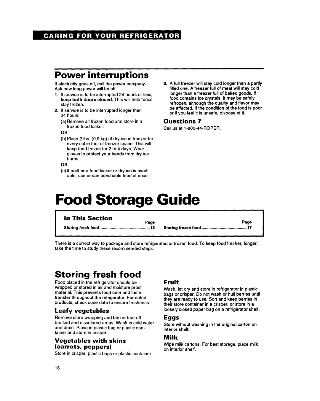 Whirlpool RBZICK Food Storage Guide, Power interruptions, Storing fresh food, Questions, In This Section PagePage, Fruit 