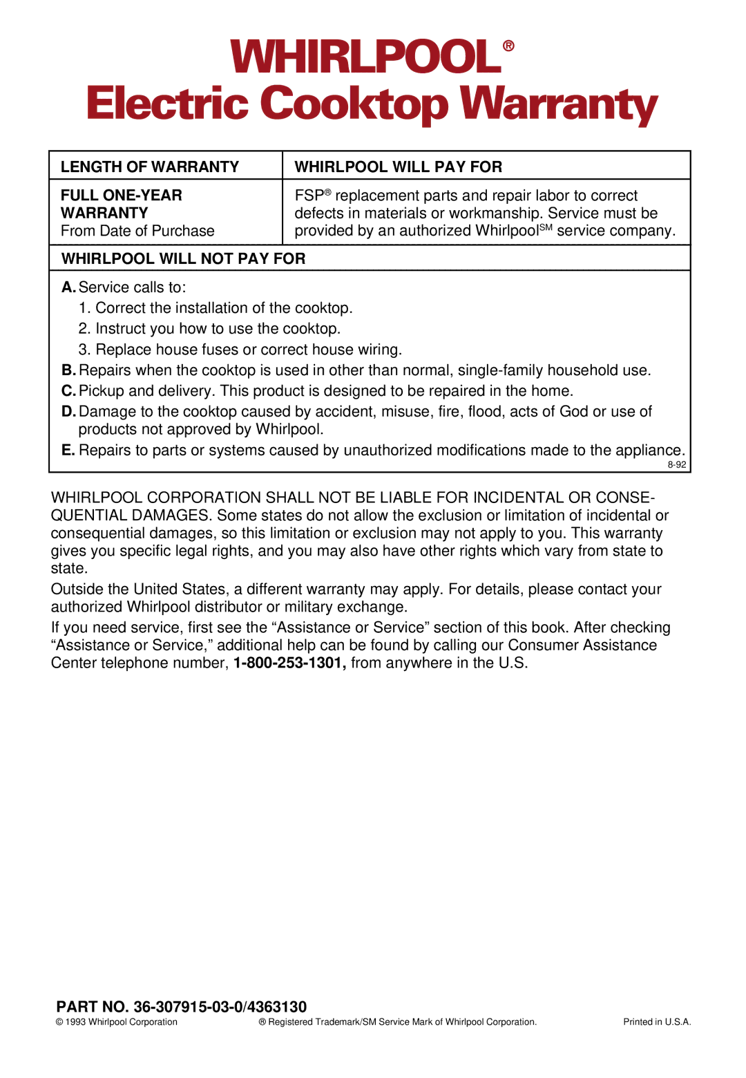 Whirlpool RC8110XA, RC8100XA Length of Warranty Whirlpool will PAY for Full ONE-YEAR, Whirlpool will not PAY for 