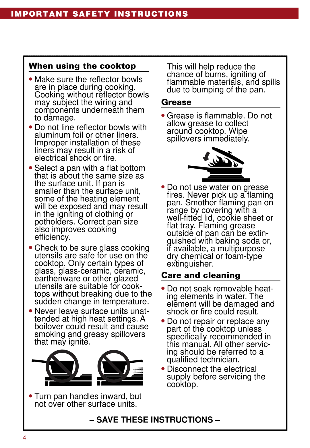 Whirlpool RC8110XA, RC8100XA important safety instructions When using the cooktop 