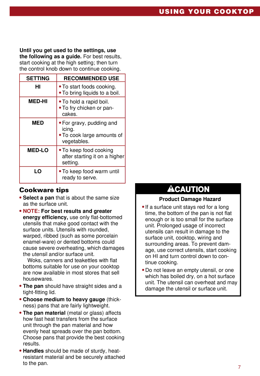 Whirlpool RC8100XA, RC8110XA important safety instructions Cookware tips, Setting Recommended USE, Med-Hi, Med-Lo 