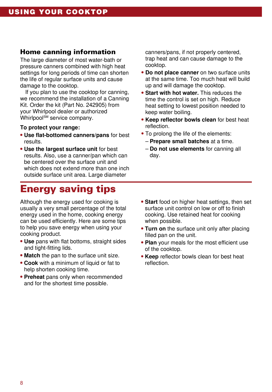 Whirlpool RC8110XA, RC8100XA important safety instructions Energy saving tips, Home canning information 