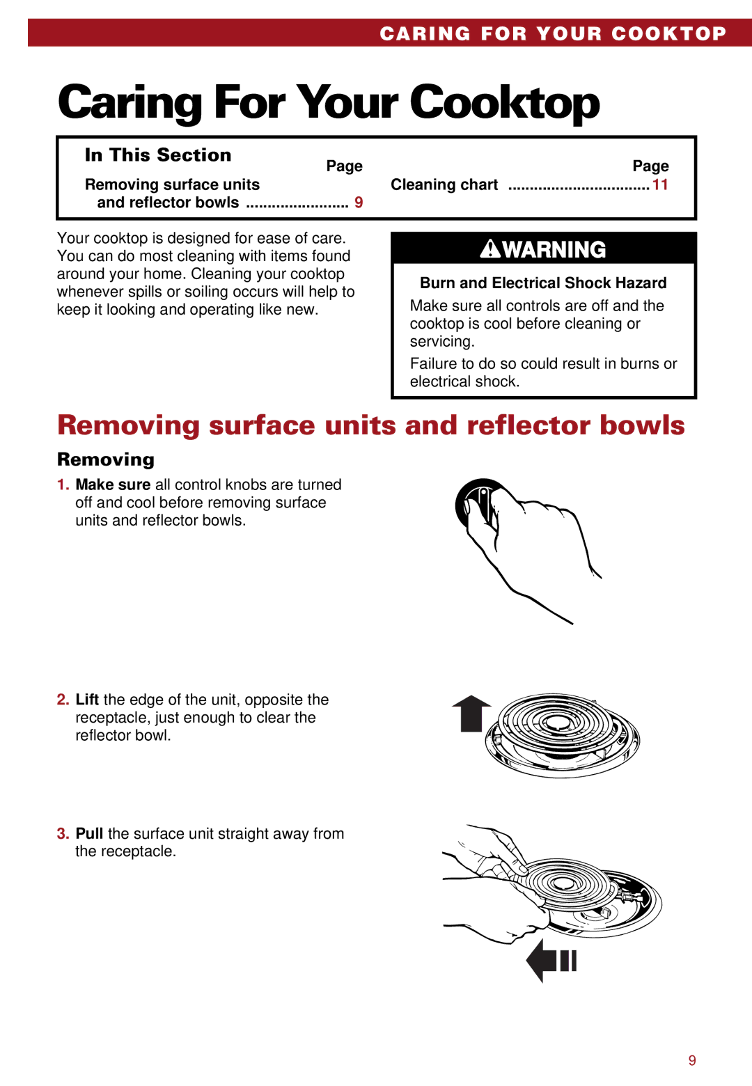 Whirlpool RC8100XA Caring For Your Cooktop, Removing surface units and reflector bowls, Burn and Electrical Shock Hazard 