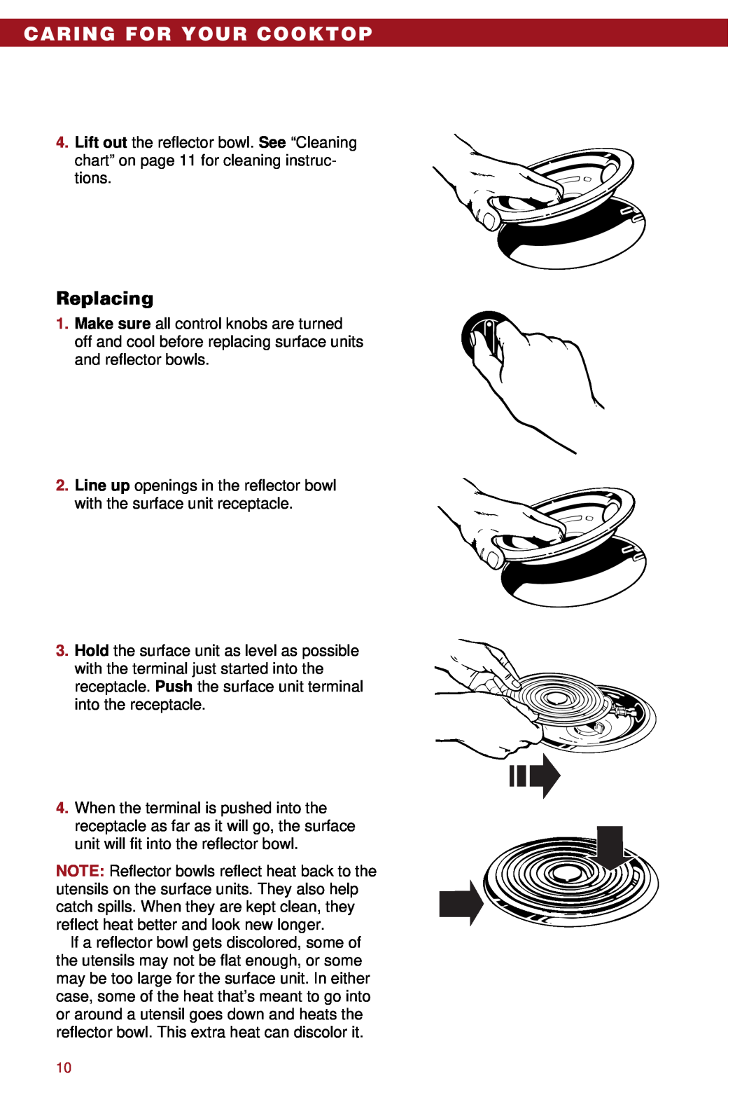 Whirlpool RC8110XA, RC8100XA important safety instructions Caring For Your Cooktop, Replacing 