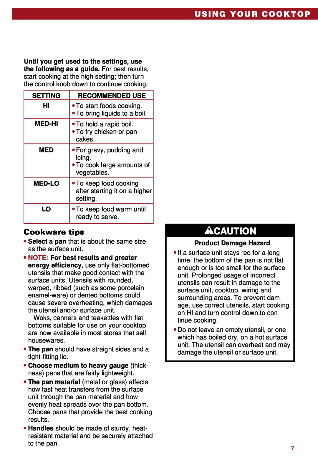 Whirlpool RC8100XA, RC8110XA important safety instructions Using Your Cooktop, Cookware tips 