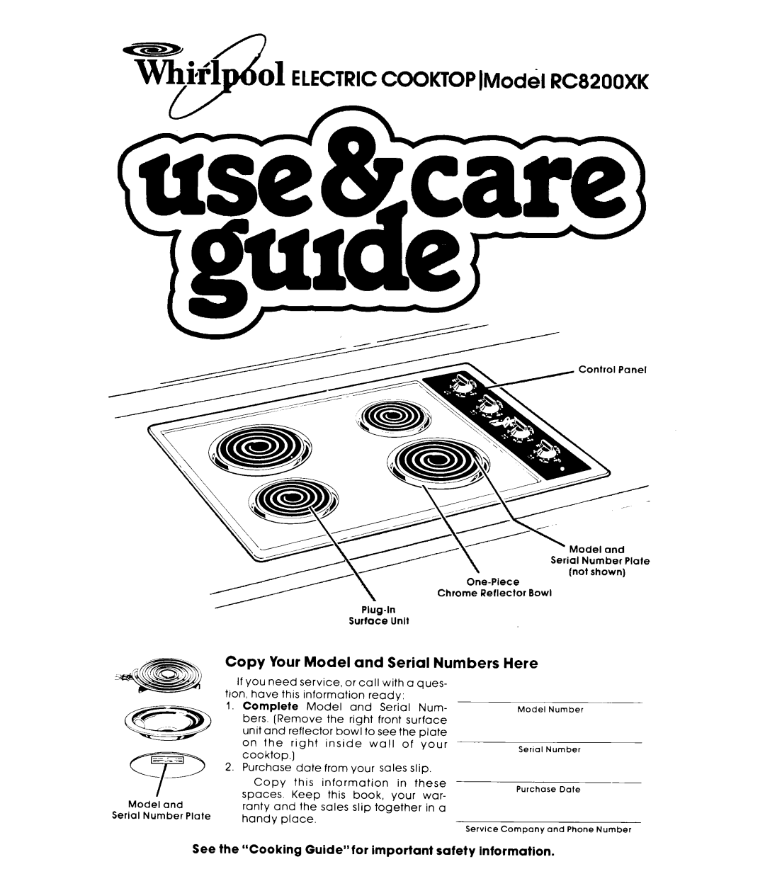 Whirlpool manual Copy Your Model and Serial Numbers Here, ELECTRICCOOKTOP lModil RC8200XK 