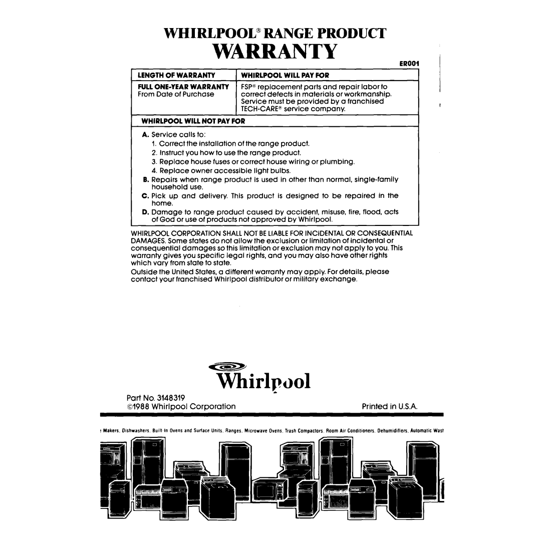 Whirlpool RC8200XV manual Whirlpool 