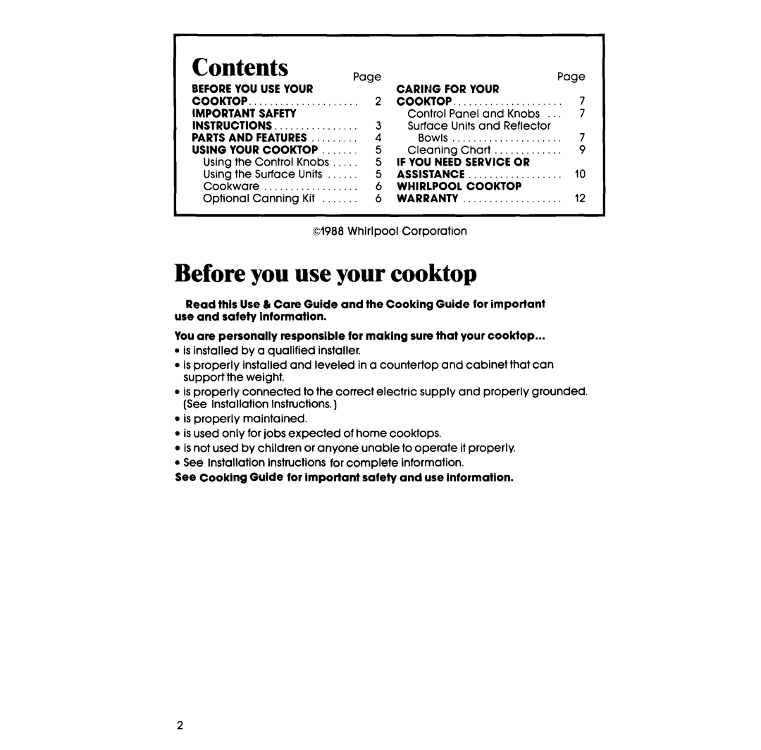 Whirlpool RC8200XV manual Contents, Before you use your cooktop 