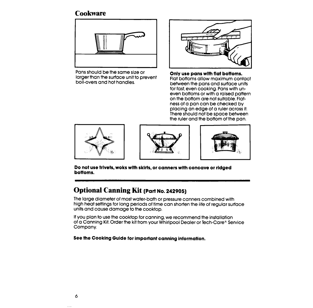 Whirlpool RC8200XV manual Cookware, Optional Canning Kit Part no 