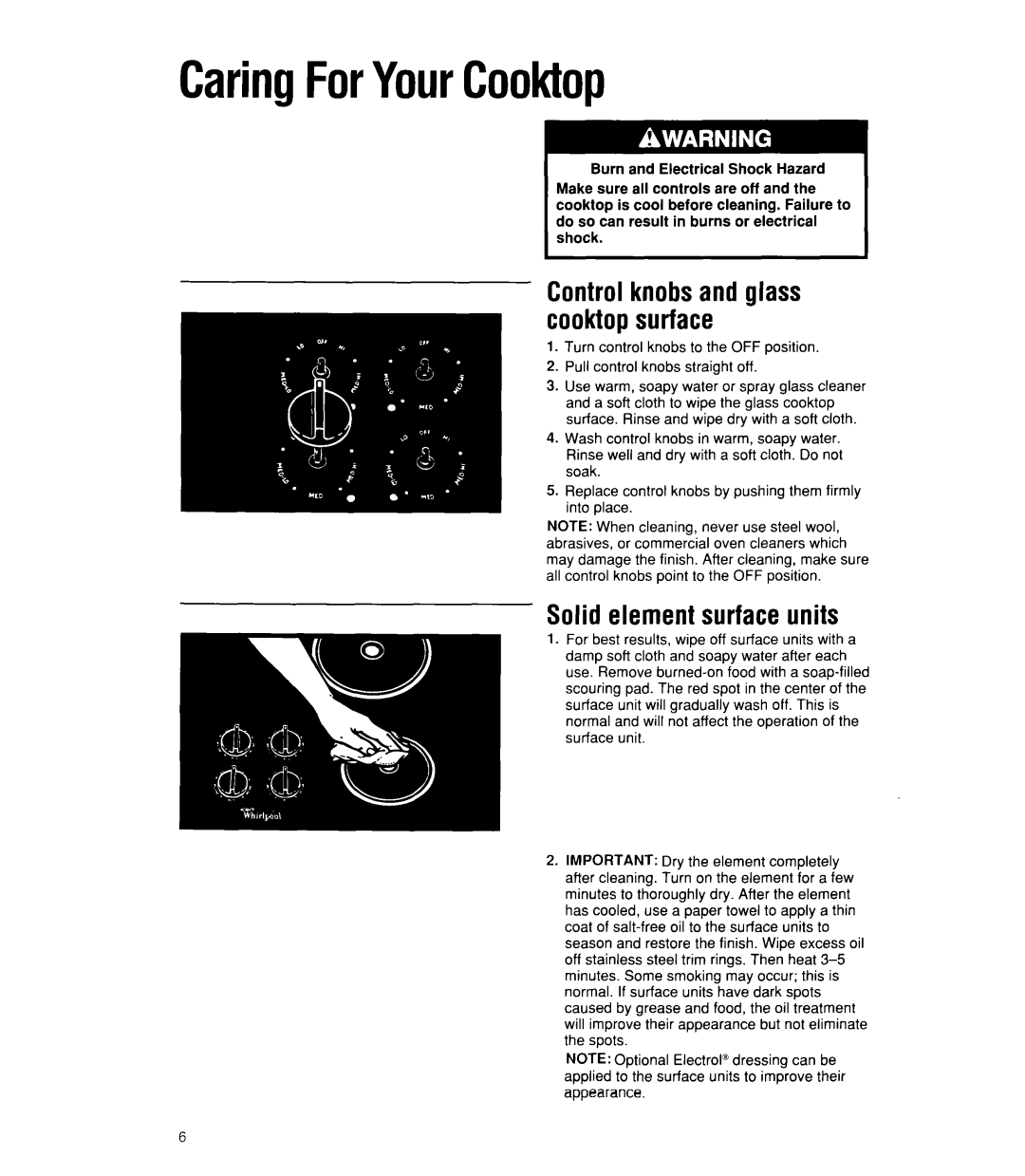 Whirlpool RC8330XT manual CaringForYourCooktop, Control knobs and glass cooktop surface, Solid element surface units 