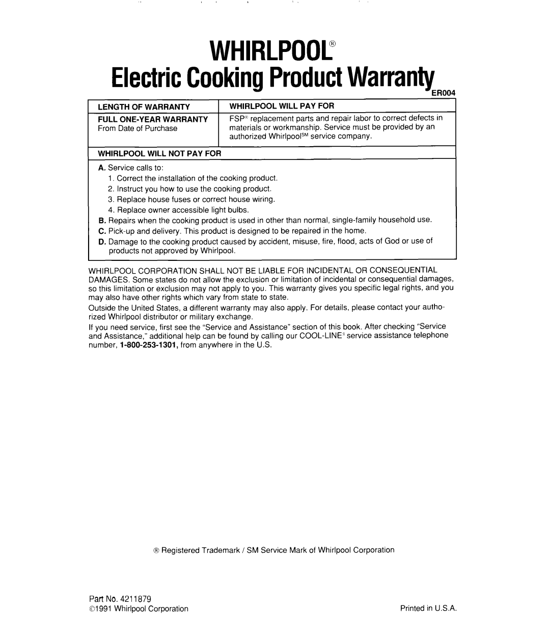 Whirlpool RC8330XT manual WHIRLPOOr ElectricCookingProductWarranty, Part No 