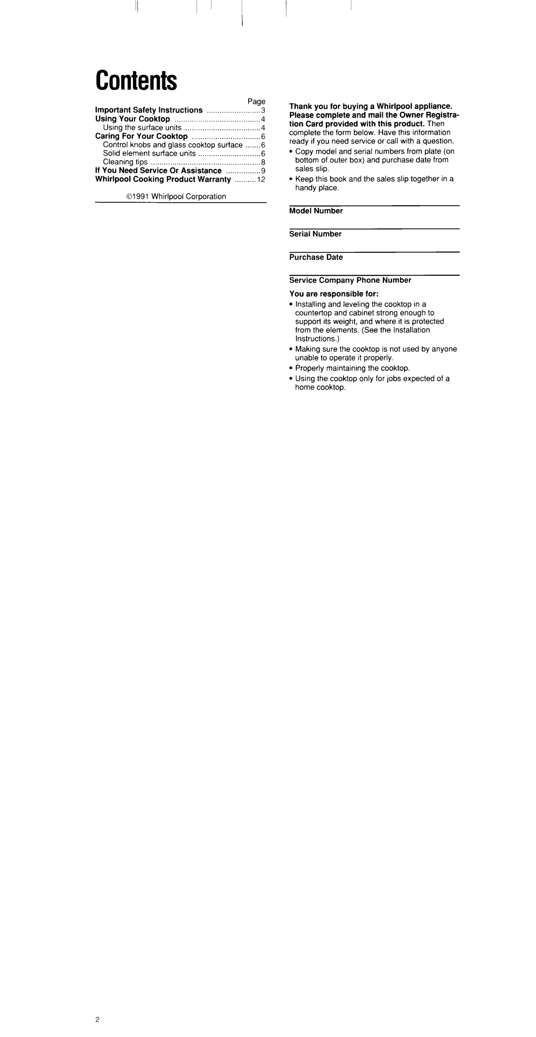 Whirlpool RC8330XT manual Contents 