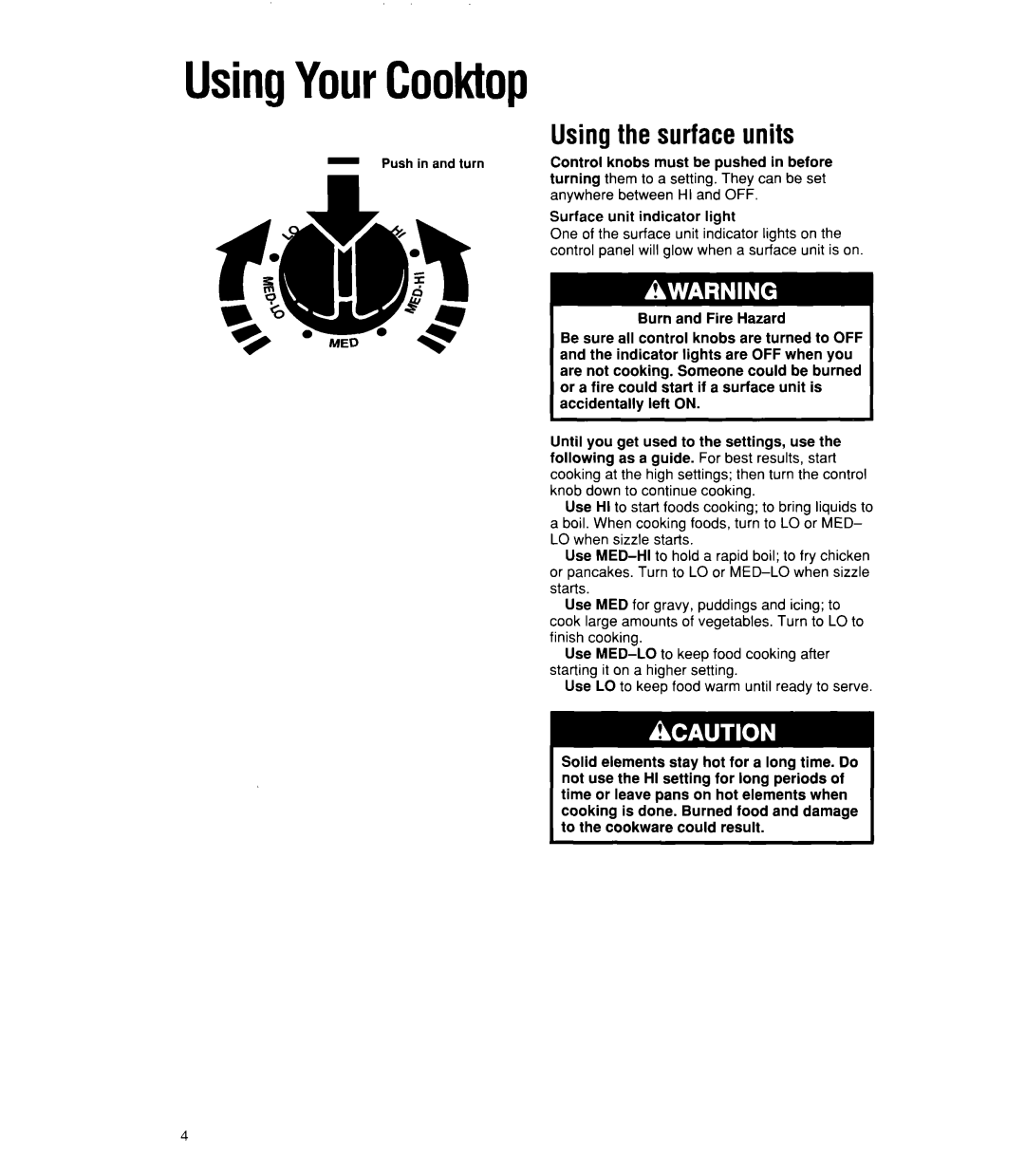 Whirlpool RC8330XT manual UsingYourCooktop, Using the surface units 