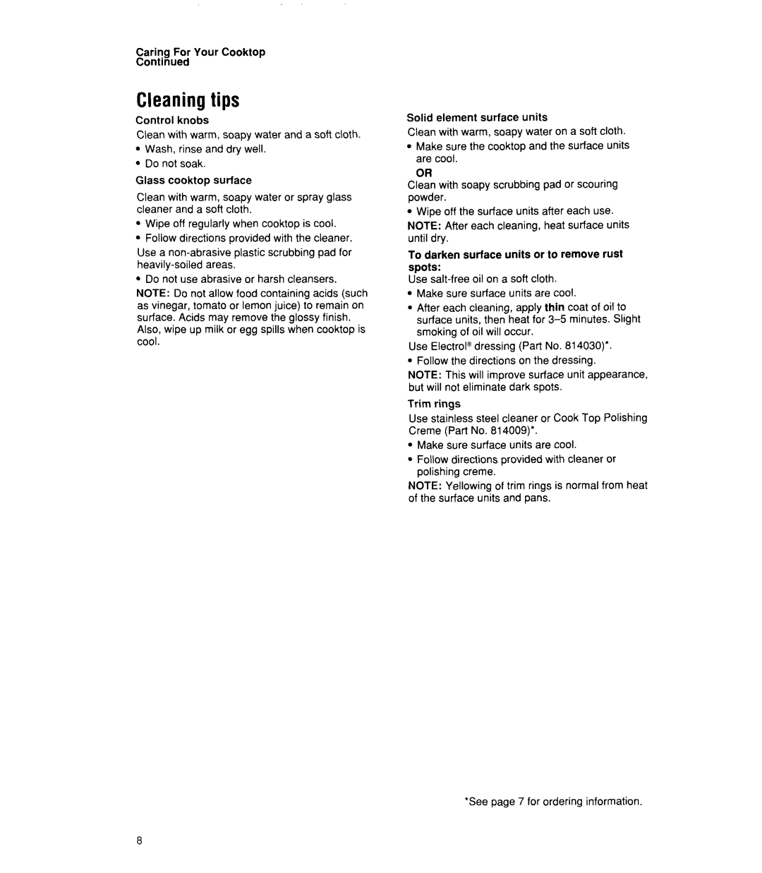 Whirlpool RC8330XT manual Cleaning tips 