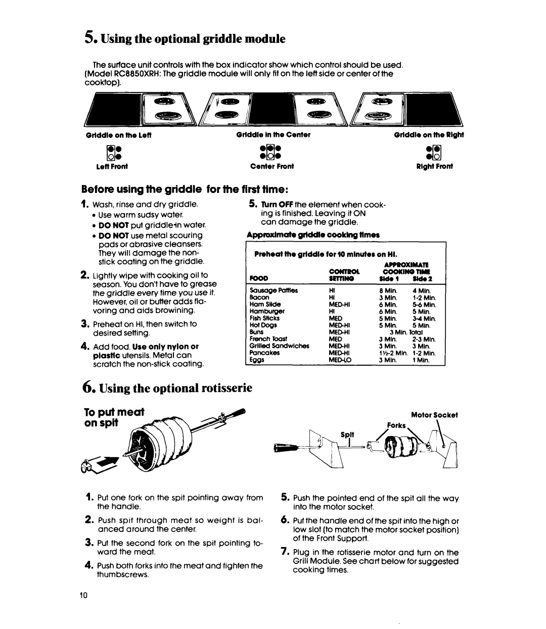 Whirlpool RC8350XRH, RC8850XRH manual Using the optional griddle module, Using the optional rotisserie, Coomen~~ 