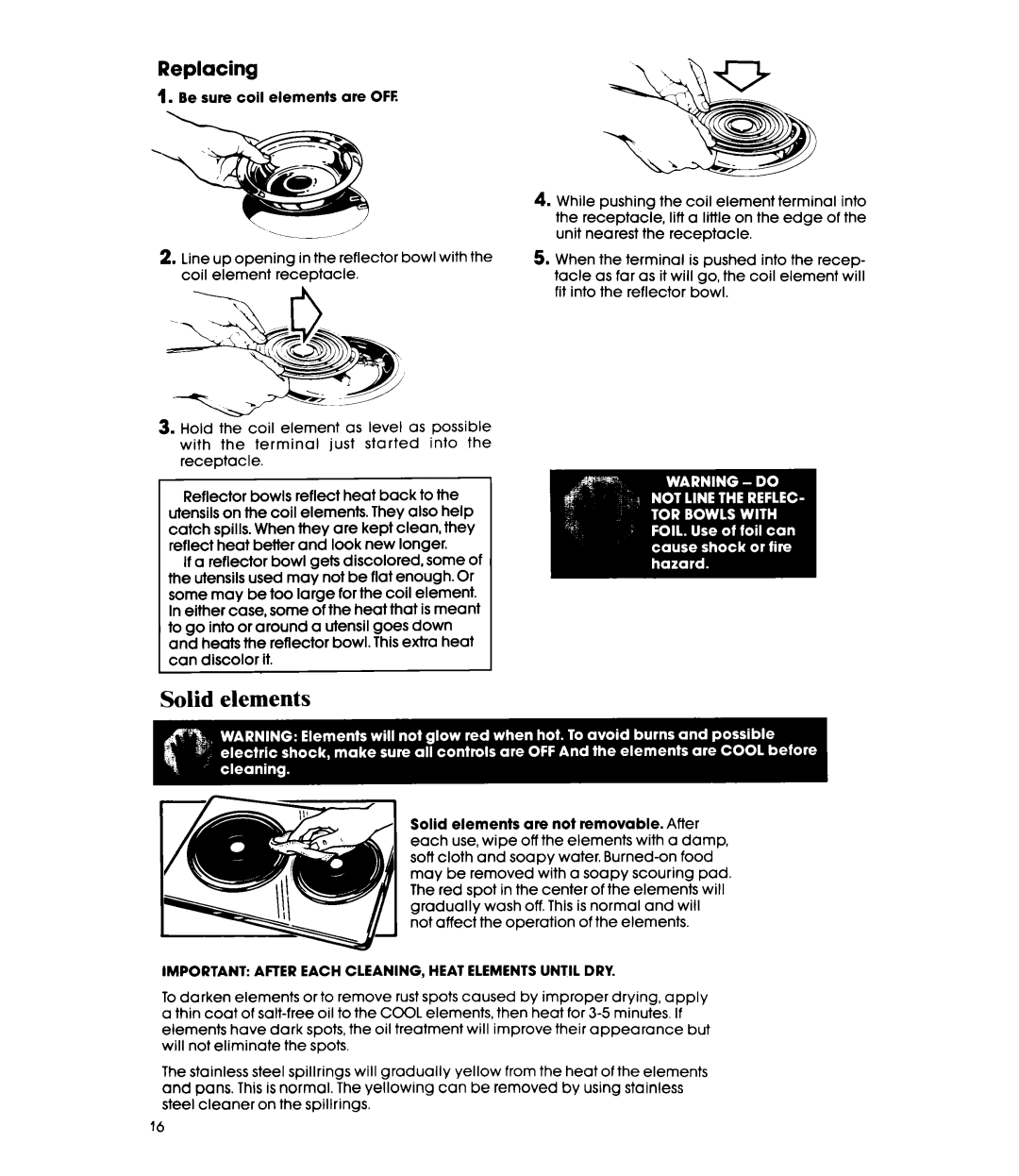 Whirlpool RC8350XRH, RC8850XRH manual Solid elements, Replacing 