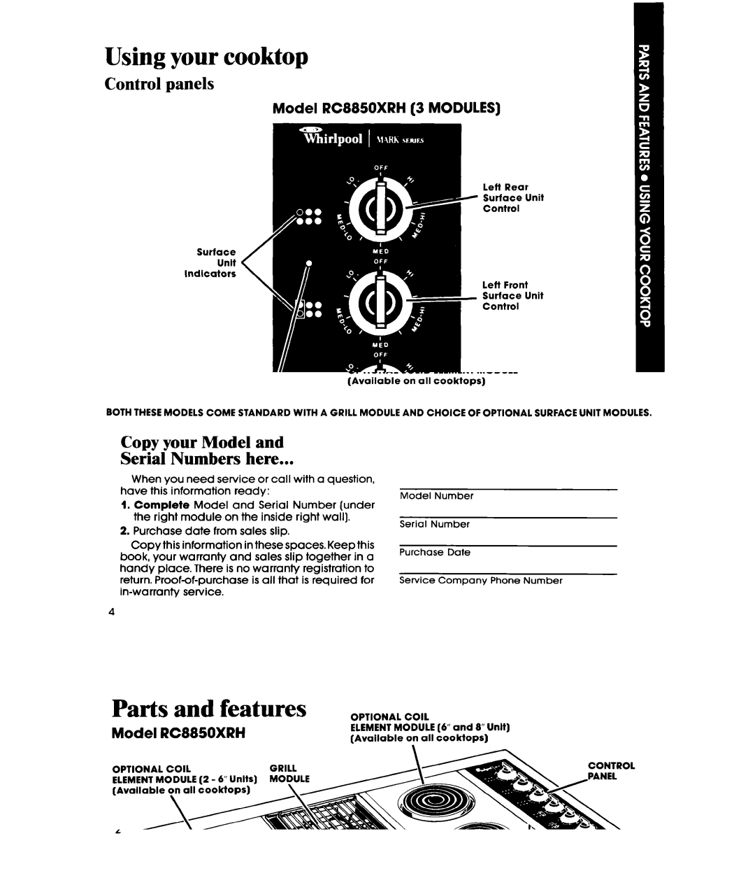 Whirlpool RC8350XRH manual Using your cooktop, Control panels, Model RC8850XRH 3 Modules 