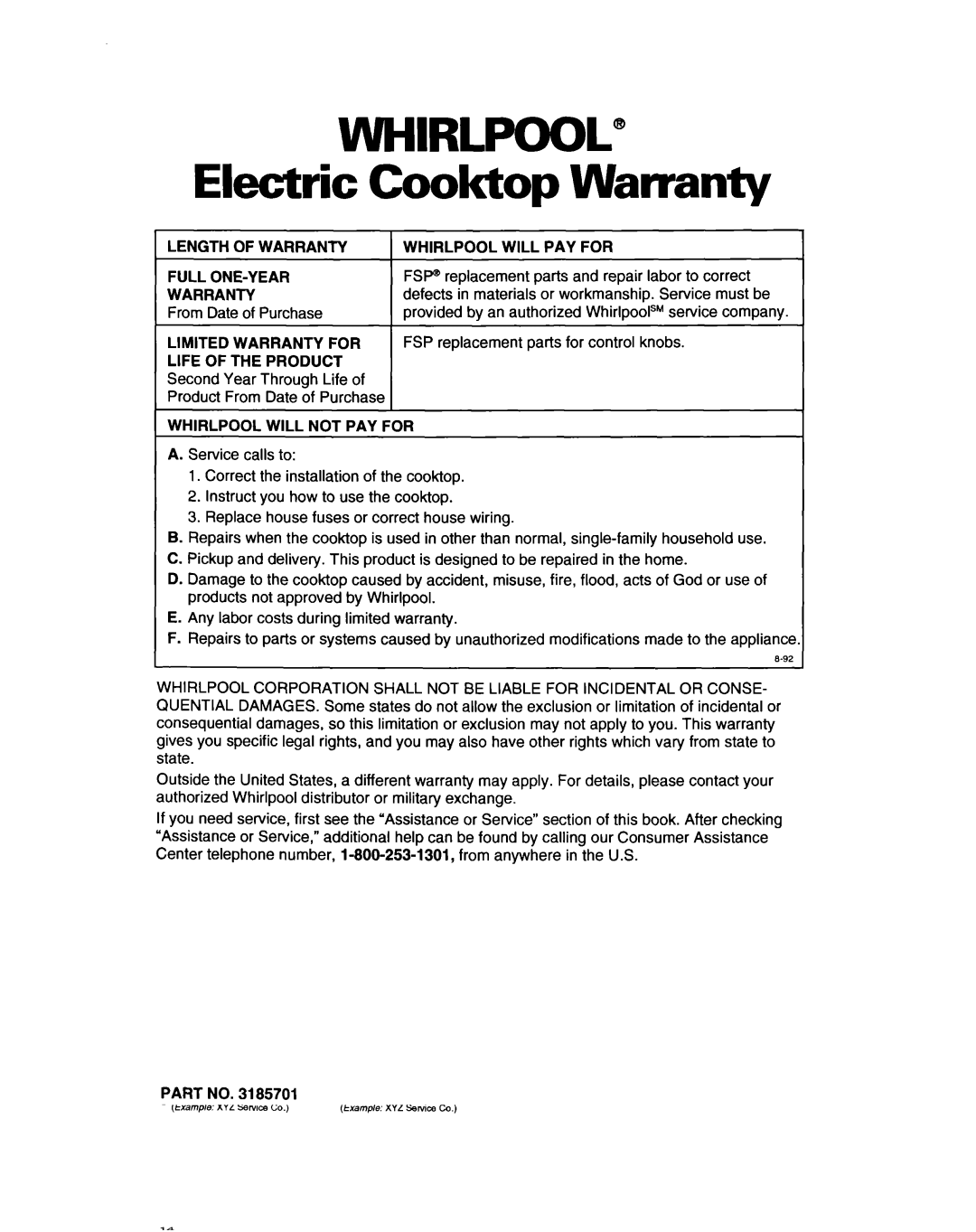 Whirlpool RC8400XA important safety instructions Electric Cooktop Warranty 