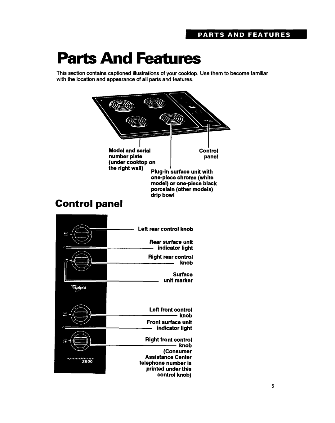 Whirlpool RC8400XA important safety instructions Parts And Features, Control panel 