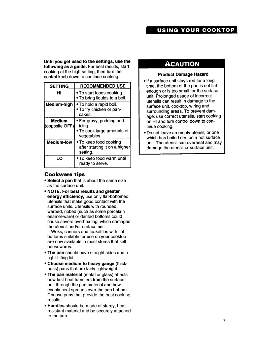 Whirlpool RC8400XA important safety instructions Cookware tips, Recommended USE 