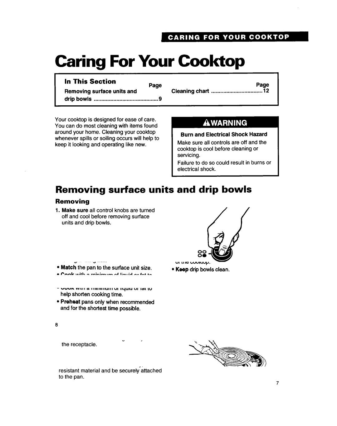 Whirlpool RC8400XA Caring For Your Cooktop, Removing surface units and drip bowls, This Section 