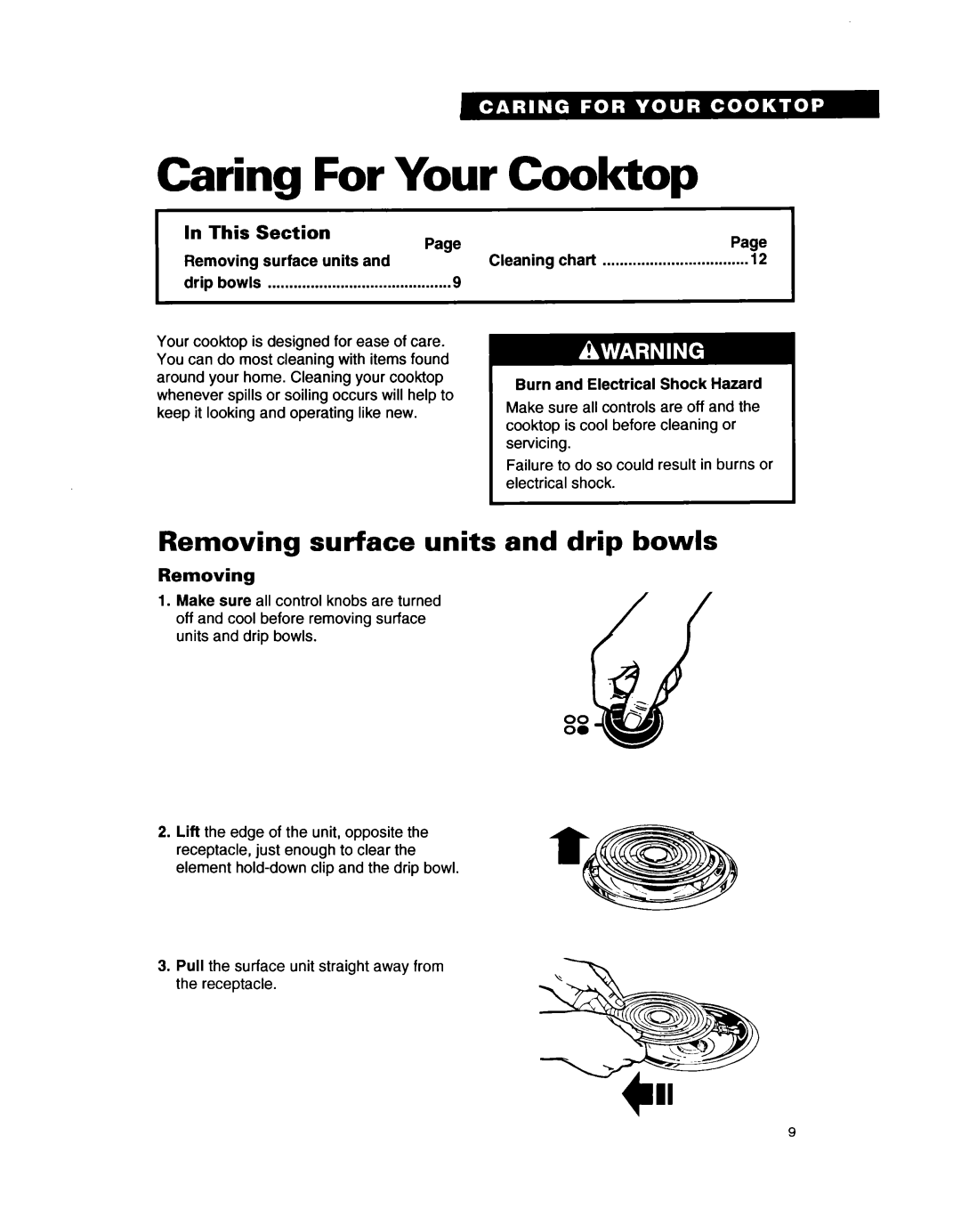Whirlpool RC8400XA Caring For Your Cooktop, Removing surface units and drip bowls, This, Section, Page, Shock 