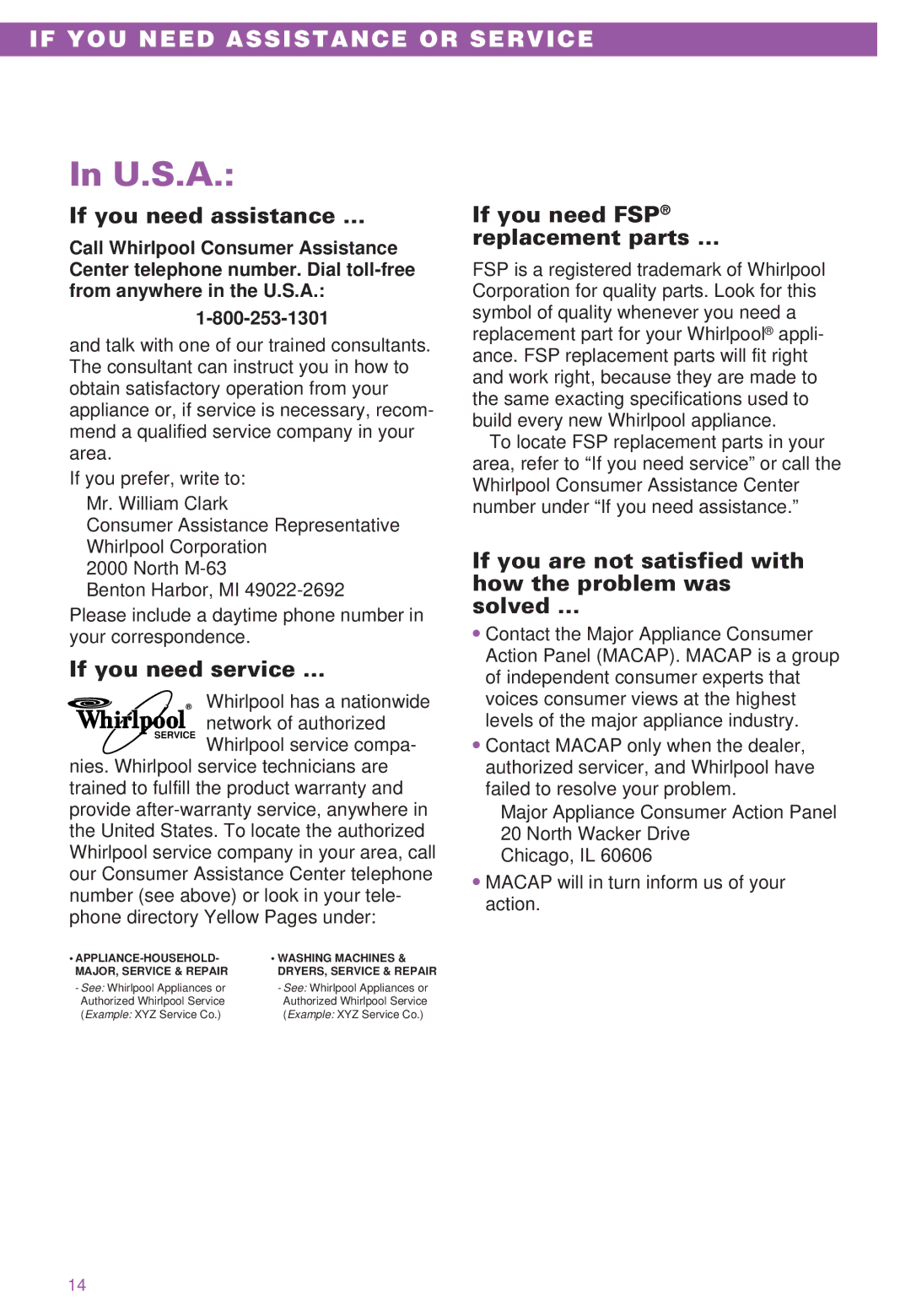 Whirlpool WBC310, RC8400XB U.S.A, If you need assistance …, If you need service …, If you need FSP replacement parts … 