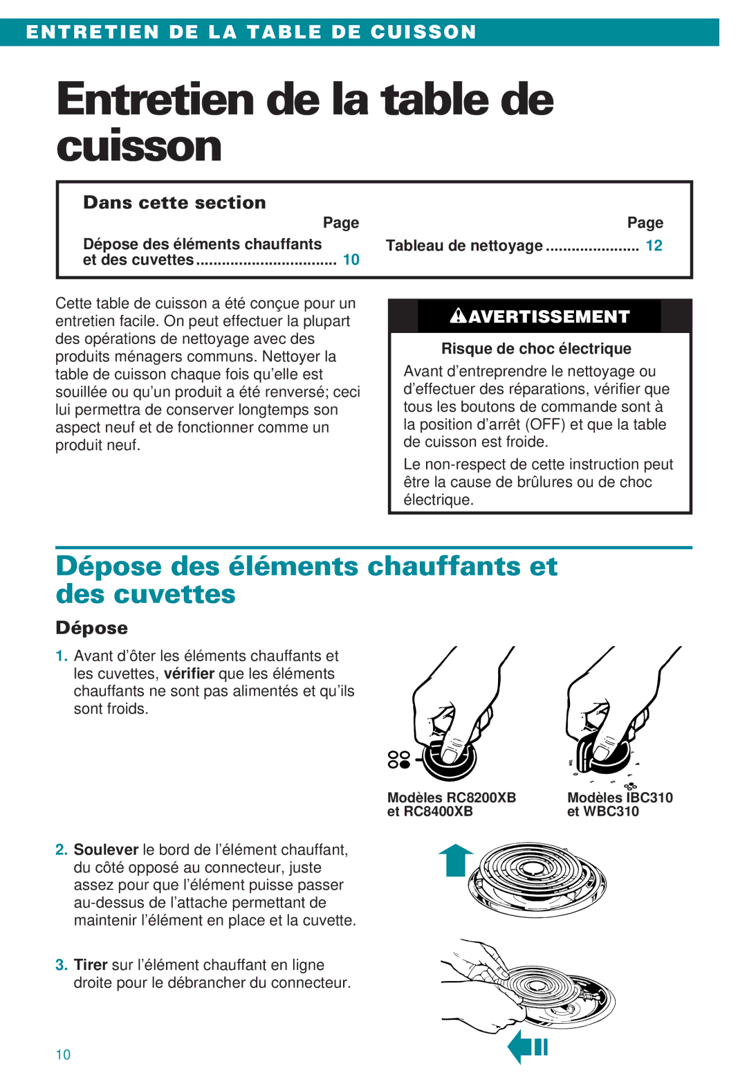 Whirlpool WBC310, RC8400XB, RC8200XB Entretien de la table de cuisson, Dépose des éléments chauffants et des cuvettes 