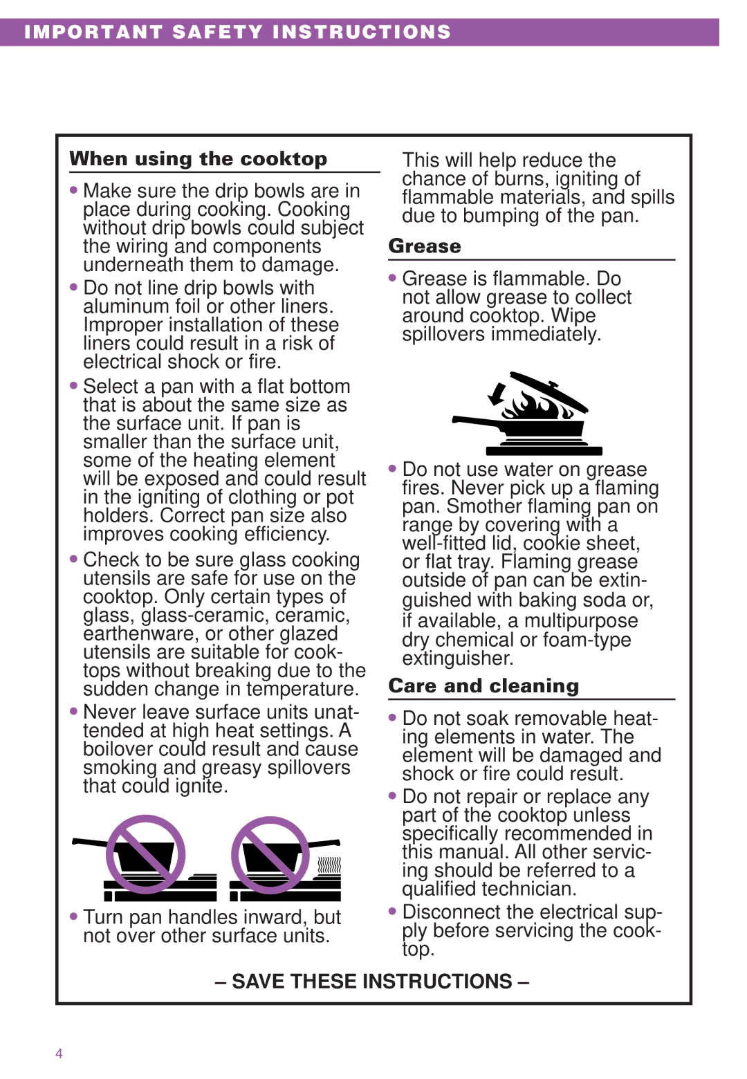 Whirlpool RC8400XB, RC8200XB, WBC310, IBC310 important safety instructions When using the cooktop 