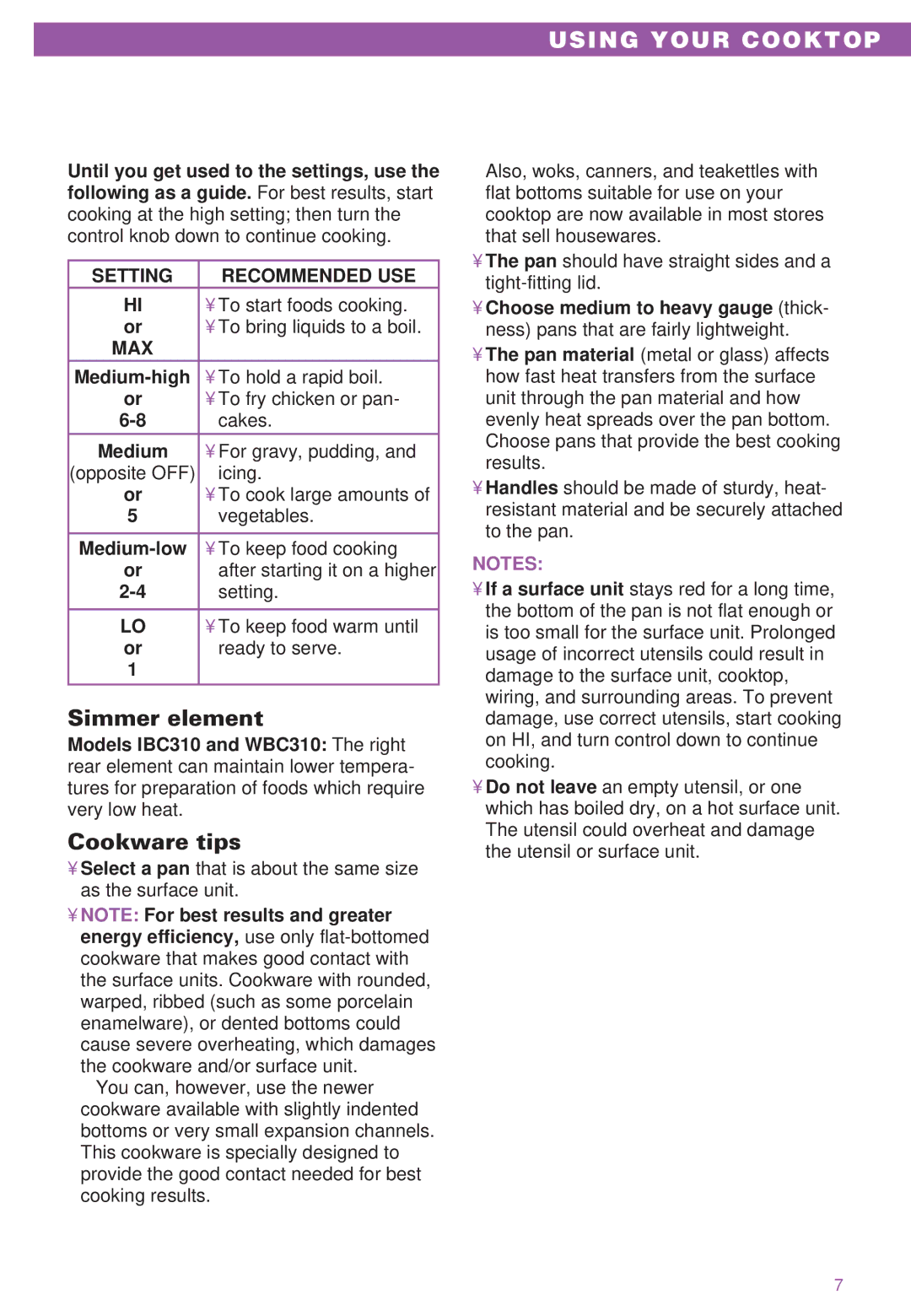 Whirlpool IBC310, RC8400XB, RC8200XB, WBC310 Simmer element, Cookware tips, Setting Recommended USE, Max 
