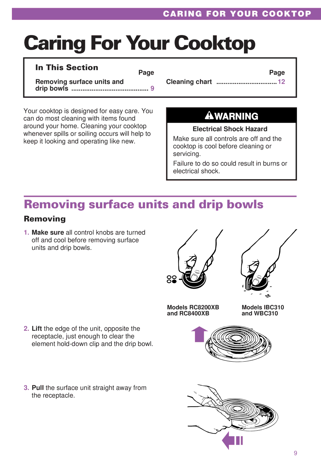 Whirlpool RC8200XB Caring For Your Cooktop, Removing surface units and drip bowls, Removing surface units Cleaning chart 