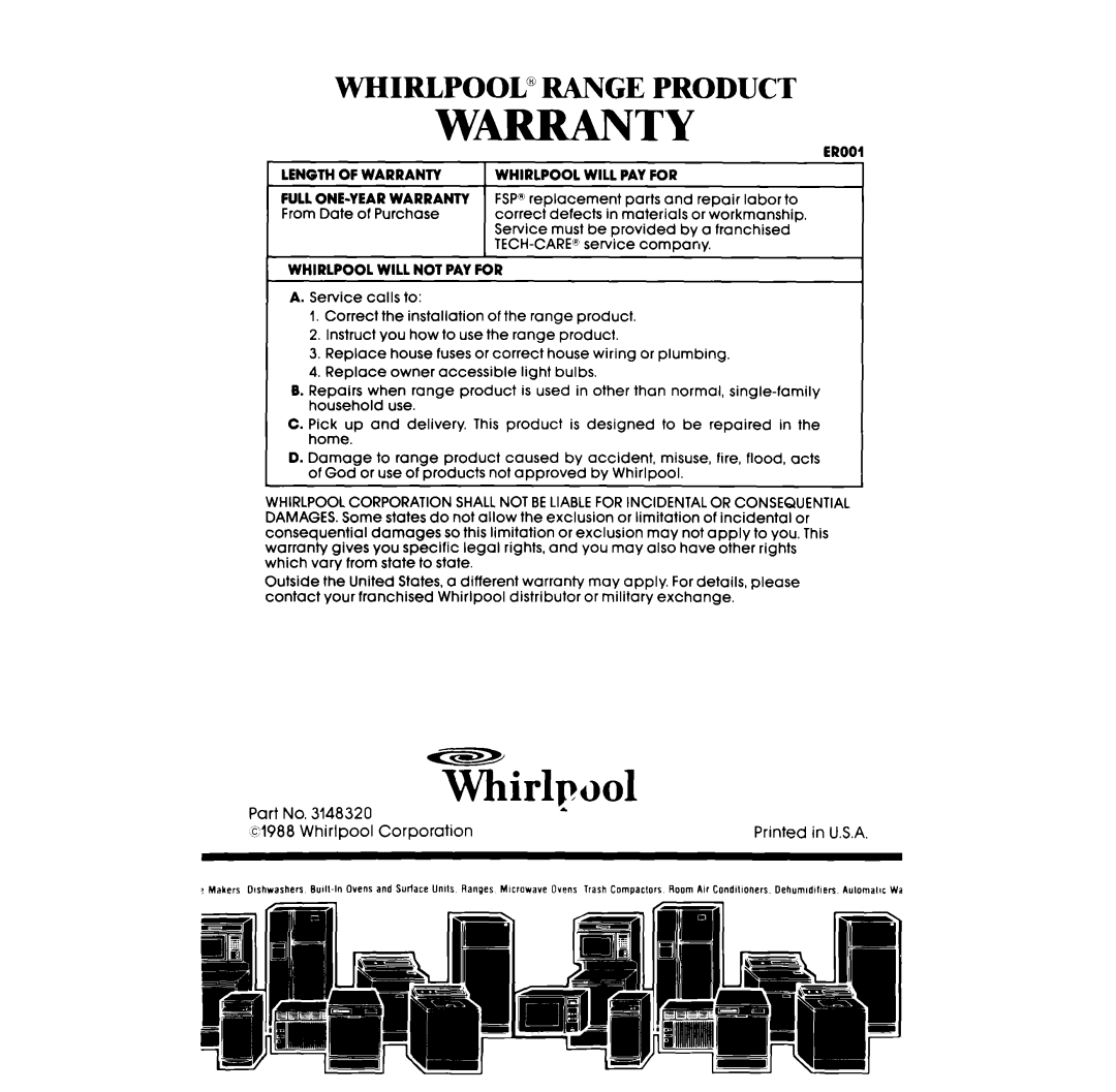 Whirlpool RC8400XV manual Warranty 