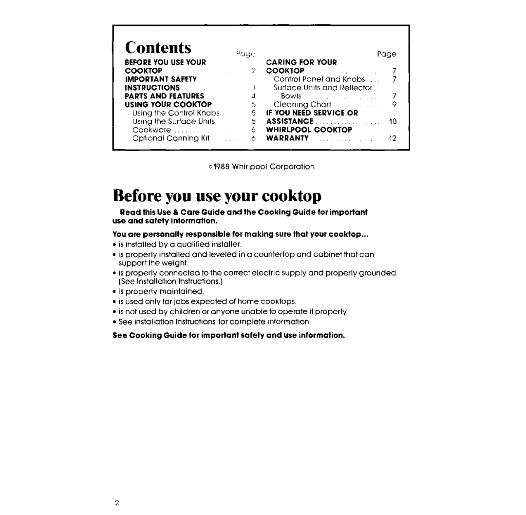 Whirlpool RC8400XV manual Contents, Before you use your cooktop 