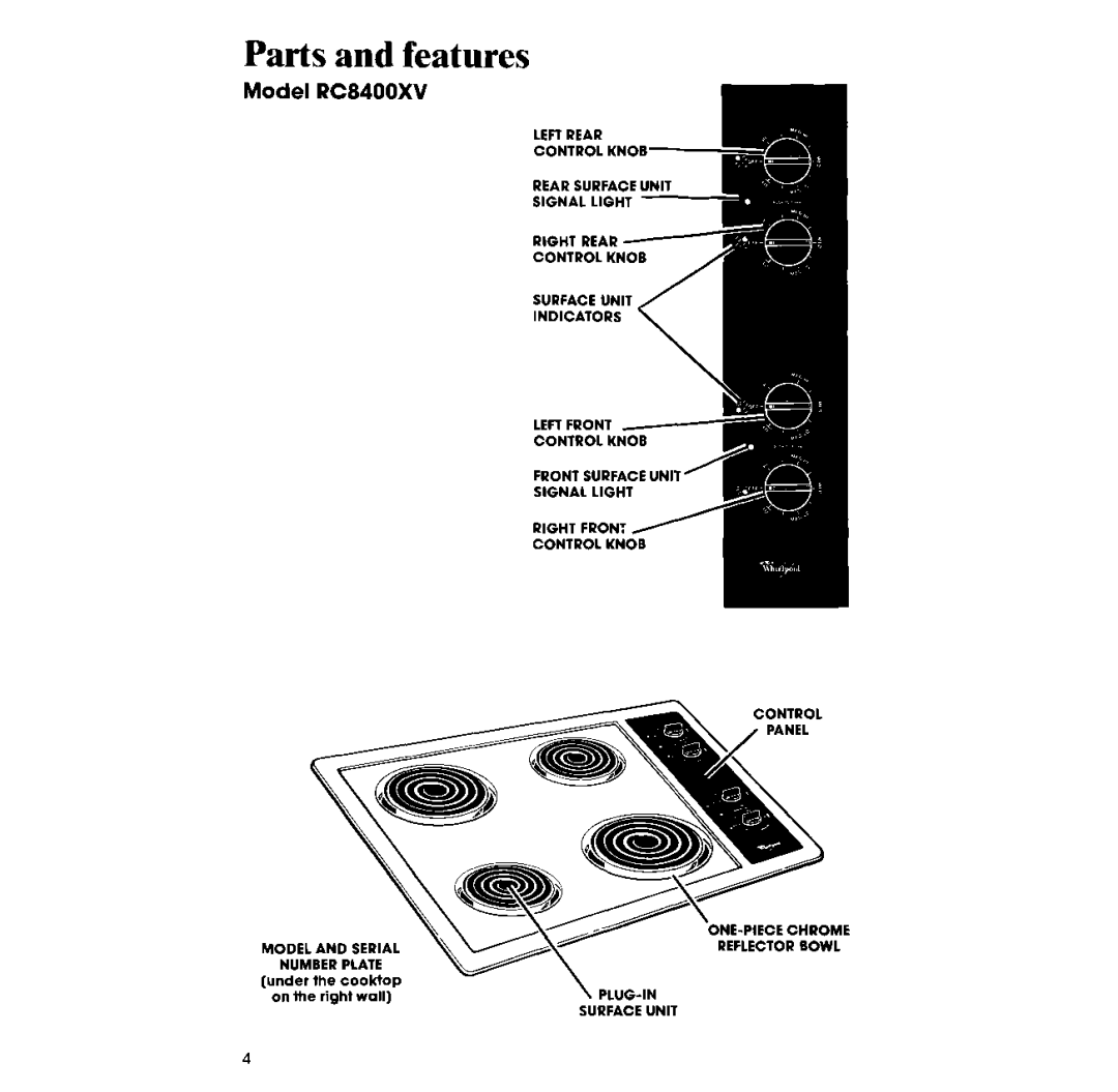 Whirlpool manual Parts and features, Model RC8400XV 