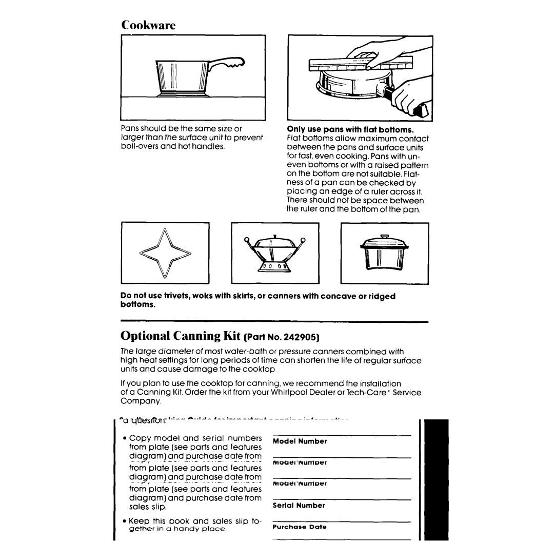 Whirlpool RC8400XV manual Cookware, Optional Canning Kit Part no 