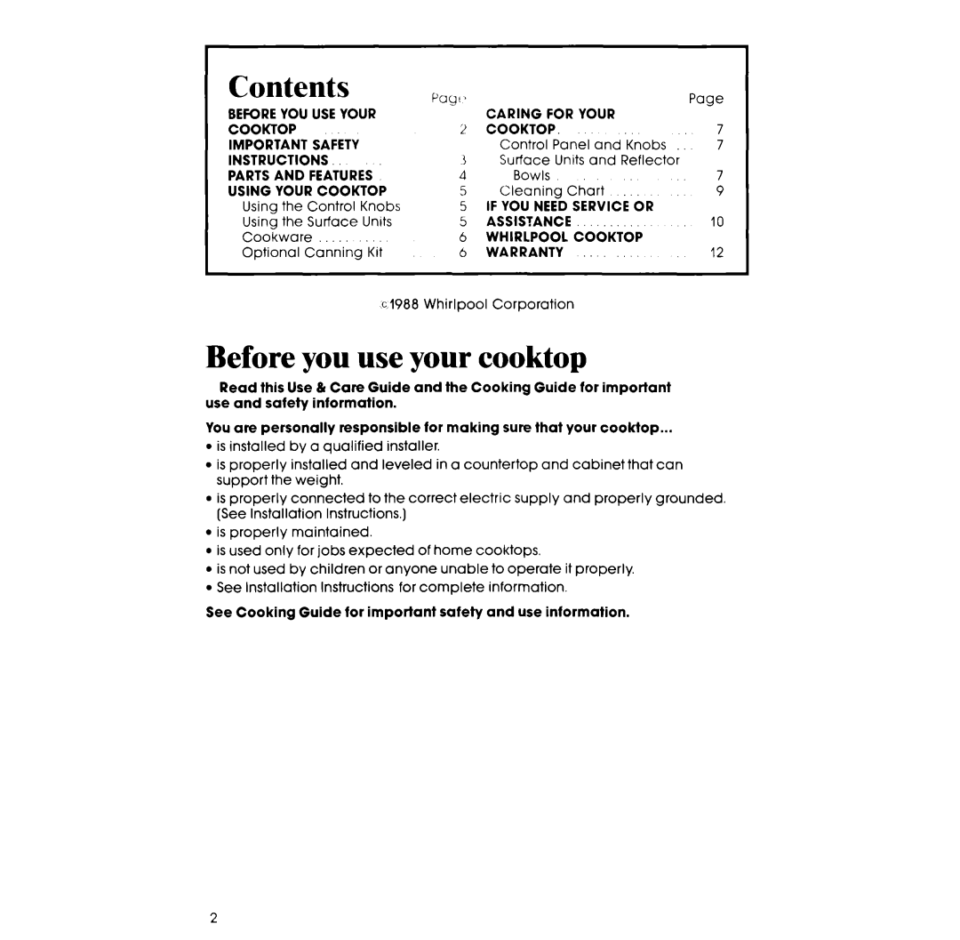 Whirlpool RC8400XV manual Contents, Before you use your cooktop, Pay 