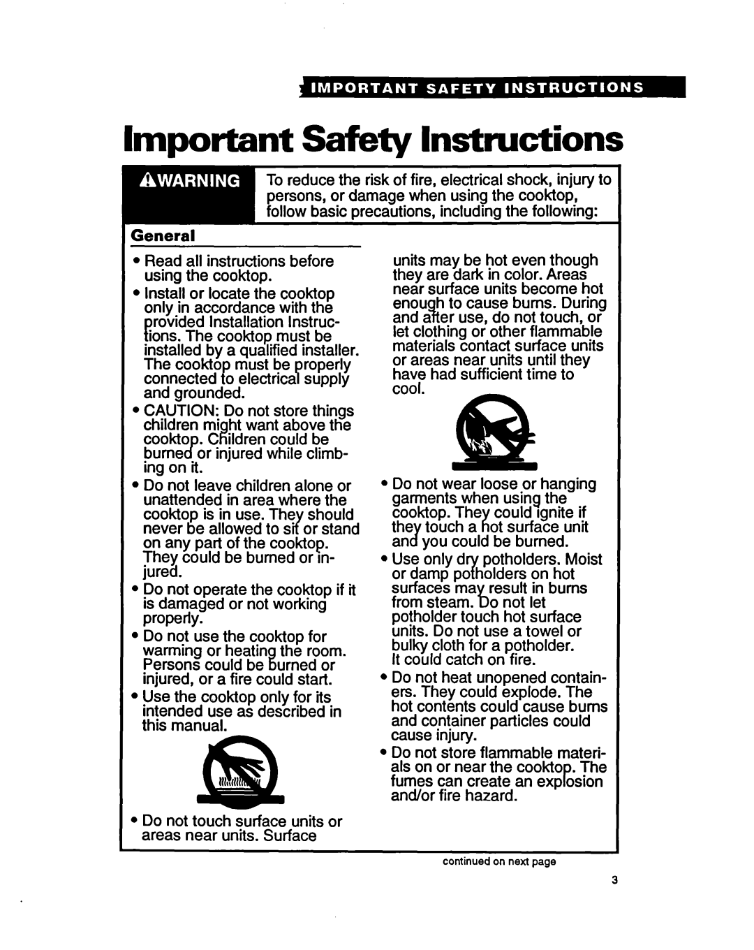 Whirlpool RC8200XY, RC8400XY Important Safety Instructions, Read all instructions before using the cooktop 