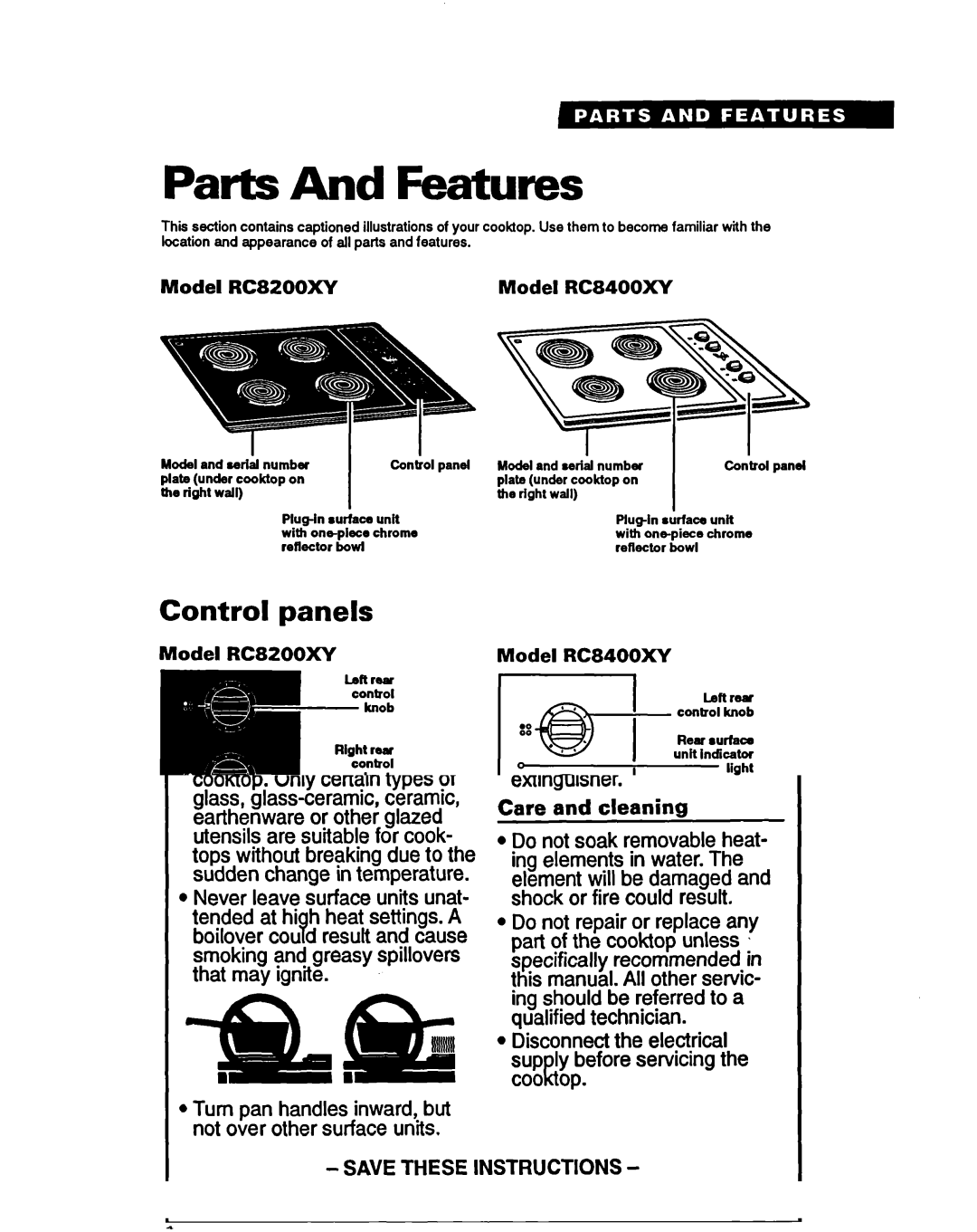 Whirlpool important safety instructions Parts And Features, Control Panels, Model RC8200XY, Model RC82OOXY RC8400XY 