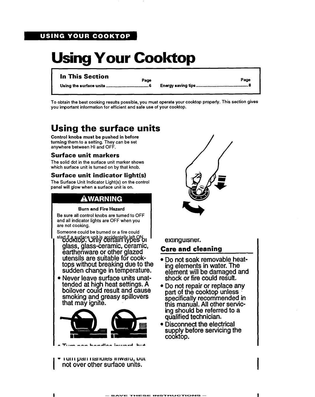 Whirlpool RC8400XY, RC8200XY Using Your Cooktop, Using the surface units, This Section, Surface unit markers 