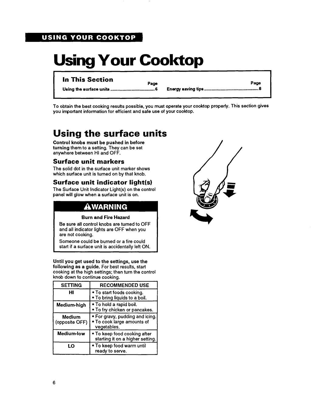 Whirlpool RC8400XY, RC8200XY Using Your, Cooktop, Using the surface units, In This Section, Page, Surface unit markers 