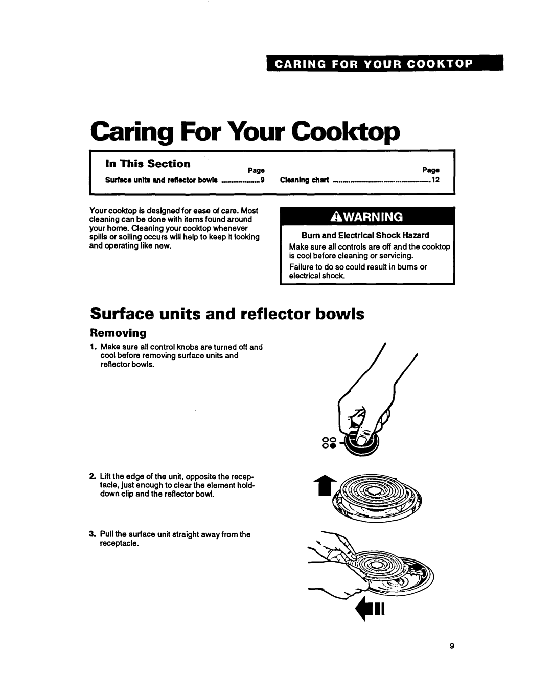 Whirlpool RC8200XY, RC8400XY Caring For Your Cooktop, Surface units and reflector bowls, In This Section, Removing 