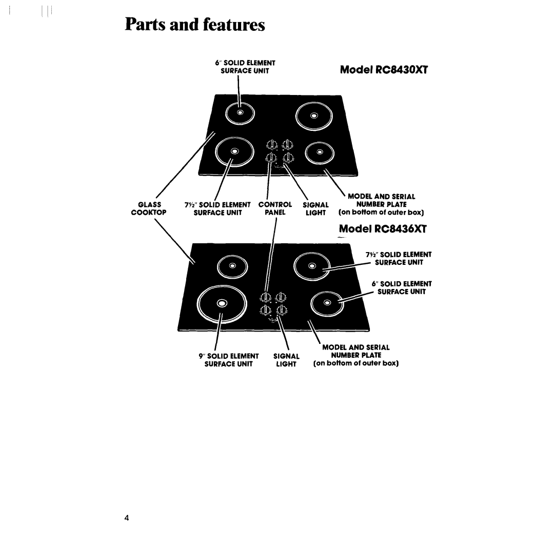 Whirlpool RC8436XT manual Parts and features, Model RC8430XT 